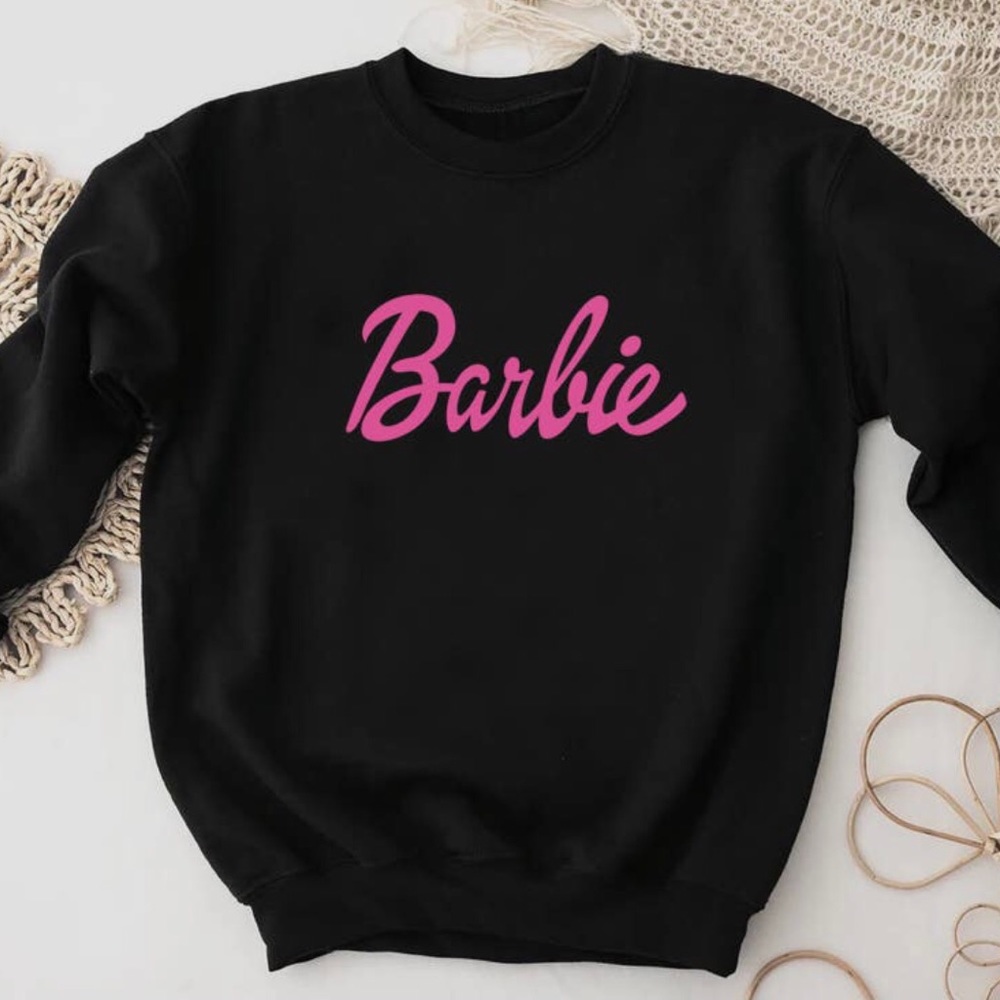 WOMENS BARBIE CREWNECK SWEATSHIRT NWOT BLACK WITH PINK FINAL PRICE